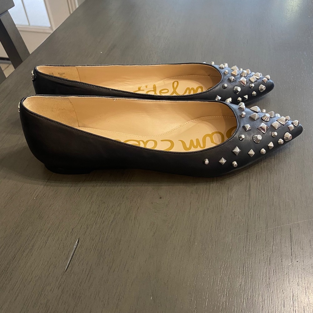 Sam Edelman Rodney Black Leather Studded Pointed Toe Flats Shoes Womens 10